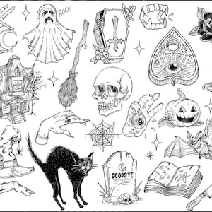 May include: A collection of black and white Halloween-themed illustrations. Includes a haunted house, skull, witch's hat, black cat, Ouija board, pumpkin, bat, and other spooky elements. The word "Goodbye" is on a tombstone.
