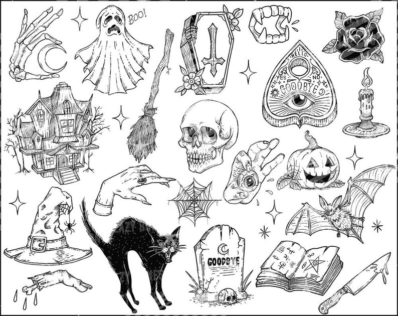 May include: A collection of black and white Halloween-themed illustrations. Includes a haunted house, skull, witch's hat, black cat, Ouija board, pumpkin, bat, and other spooky elements. The word "Goodbye" is on a tombstone.