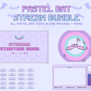 May include: A pastel purple and pink digital art stream bundle with a bat theme. The bundle includes a stream starting soon screen, a chat box, and a set of buttons. The text "PASTEL BAT STREAM BUNDLE" is at the top of the image.