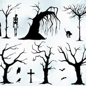 May include: A set of black silhouette illustrations featuring spooky Halloween elements, including bare trees, a hanging skeleton, a hanging figure, a cat, a spider, an owl, a crow, a cross, and bats.