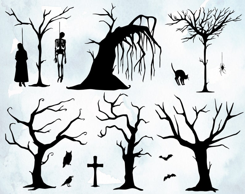 May include: A set of black silhouette illustrations featuring spooky Halloween elements, including bare trees, a hanging skeleton, a hanging figure, a cat, a spider, an owl, a crow, a cross, and bats.