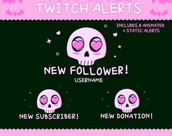 Animated twitch alerts, cute skull stream alerts, pastel goth, spooky cute
