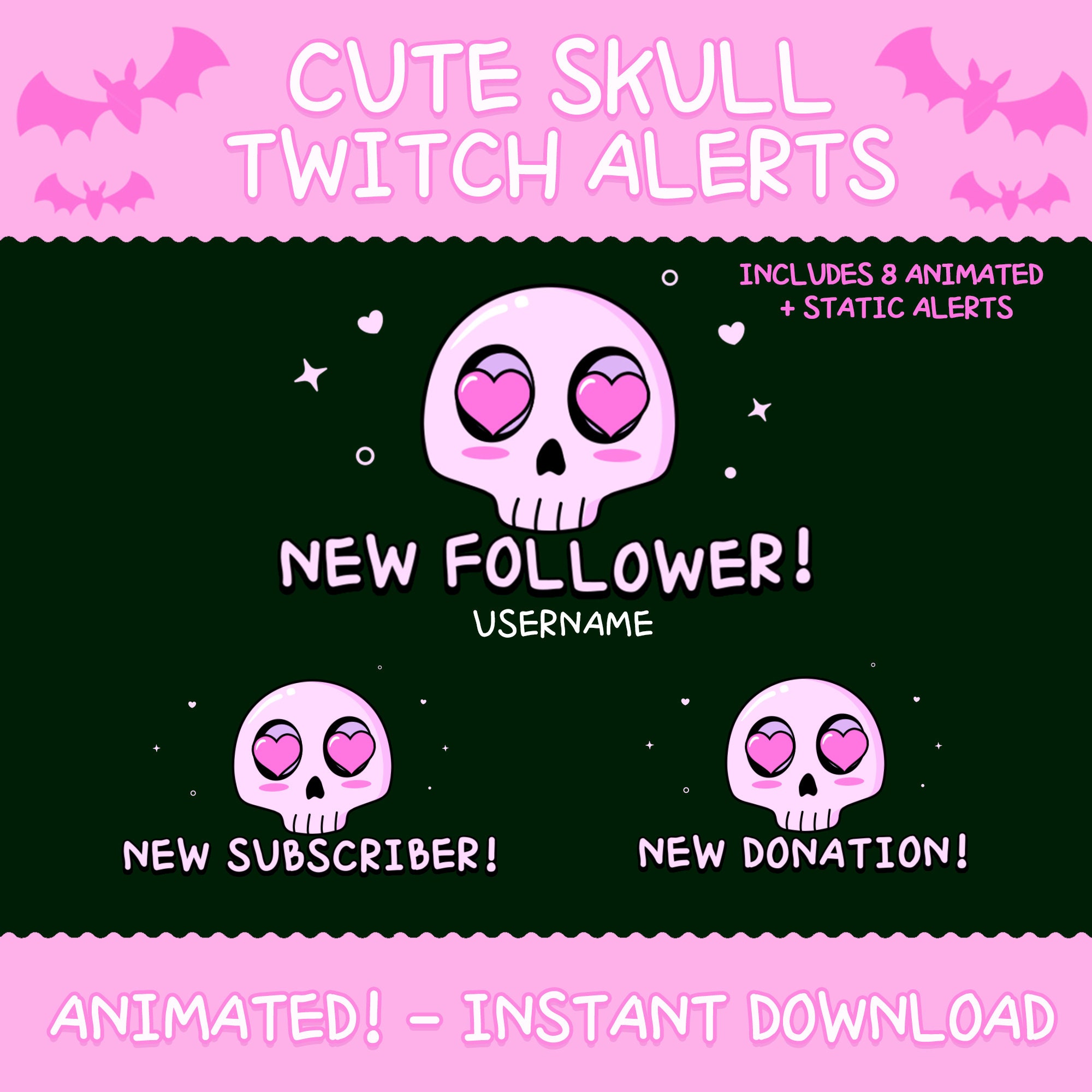 Animated twitch alerts, cute skull stream alerts, pastel goth, spooky cute