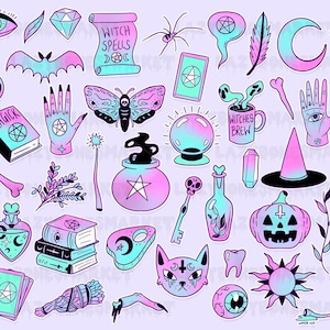 Pastel goth witch clipart pack | Witchy clipart | Printable stickers/clipart