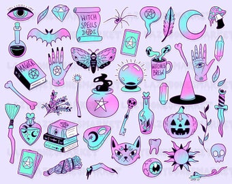 Pastel Goth Witch Clipart Pack | Witchy Planner digital stickers