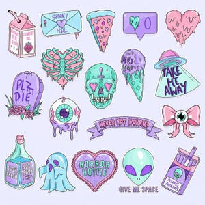 Pastel Goth Clipart, Digitale Creepy Cute PNG, Kawaii Anime, Gothic Horror Bundel, Pastel Spooky Clip Art afbeelding 1