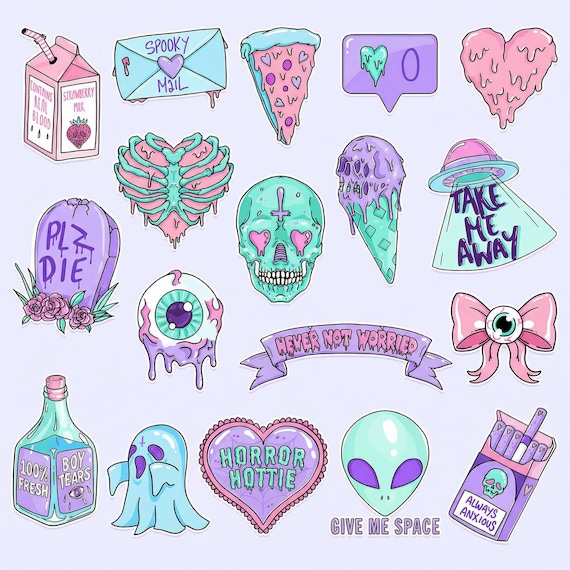 Pastel Goth Clipart, Digital Creepy Cute PNG, Kawaii Anime, Gothic Horror Bundle, Pastel Spooky Clip Art