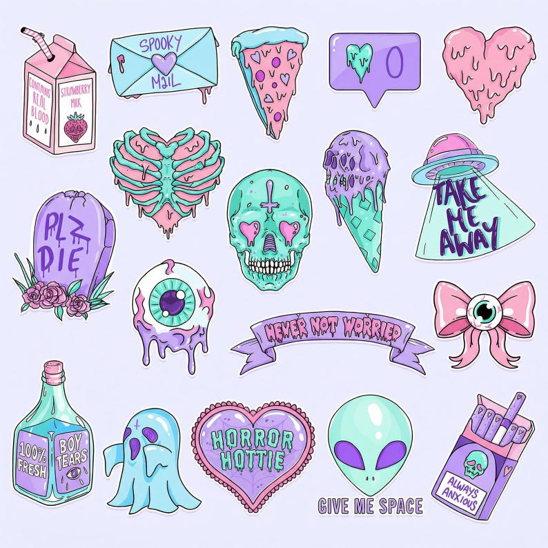 Pastel Goth Clipart, Digitale Creepy Cute PNG, Kawaii Anime, Gothic Horror Bundel, Pastel Spooky Clip Art afbeelding 1