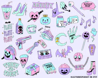 Pastel goth clipart | cute halloween clipart | Printable stickers | Digital planner | PNG | Creepy | Spooky