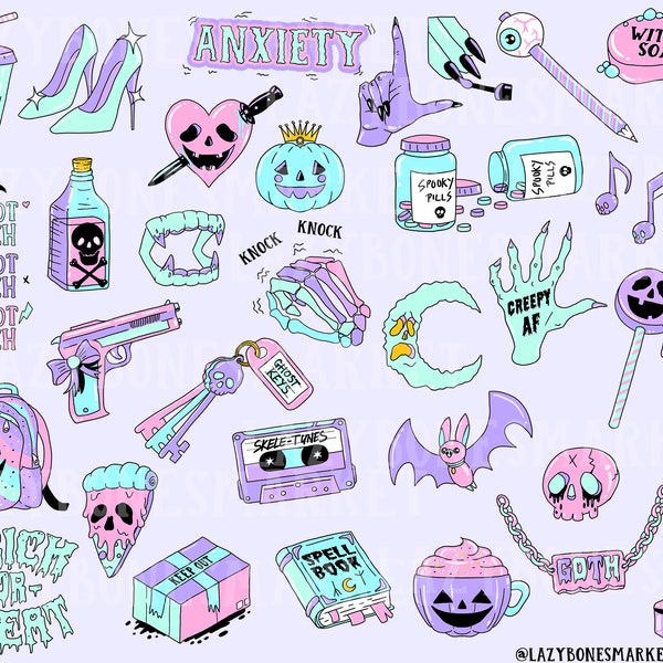 Pastel goth clipart | cute halloween clipart | Printable stickers | Digital planner | PNG | Creepy | Spooky