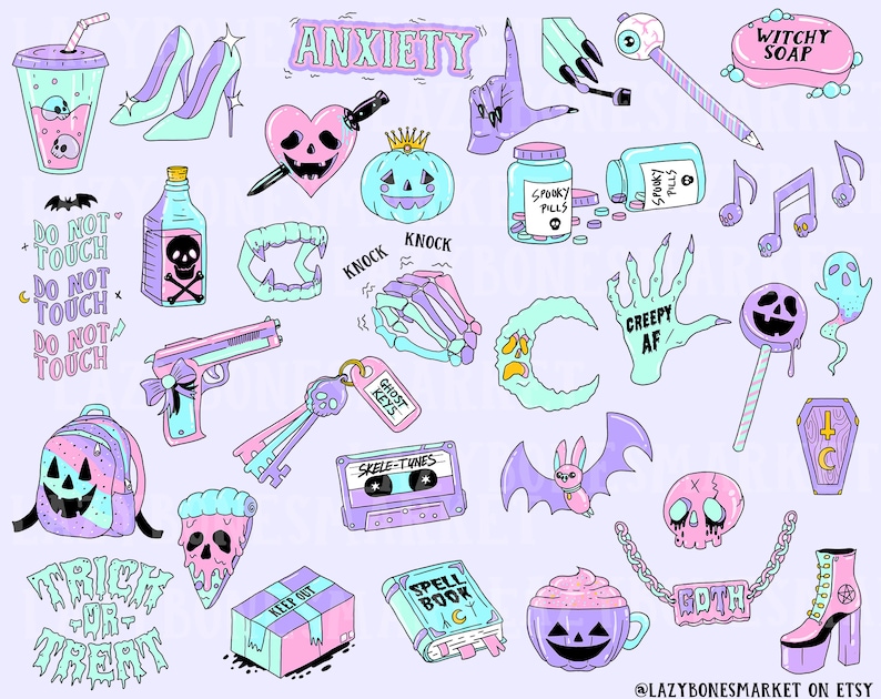 Pastel goth clipart | cute halloween clipart | Printable stickers | Digital planner | PNG | Creepy | Spooky 
