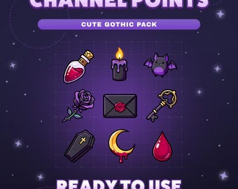 May include: A graphic featuring a collection of cute gothic-themed icons, including a potion bottle, candle, bat, rose, envelope, key, coffin, crescent moon, and a drop of blood. Text reads "CHANNEL POINTS" and "CUTE GOTHIC PACK". The icons are ready to use.
