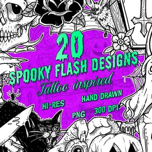 May include: A digital design featuring 20 spooky flash tattoo designs. The image includes a skull, a black cat with a knife, a ghost, and other Halloween-themed illustrations. Text includes "Spooky Flash Designs" and "Tattoo inspired."