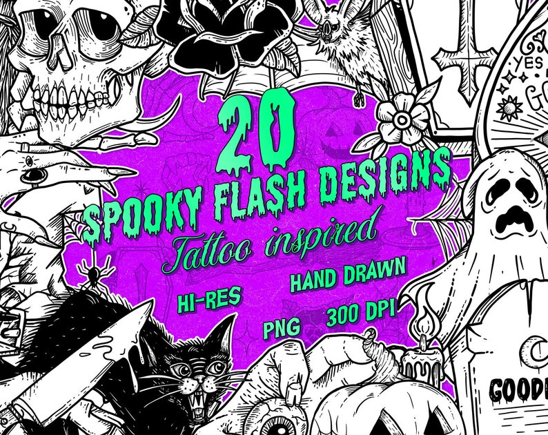 May include: A digital design featuring 20 spooky flash tattoo designs. The image includes a skull, a black cat with a knife, a ghost, and other Halloween-themed illustrations. Text includes "Spooky Flash Designs" and "Tattoo inspired."
