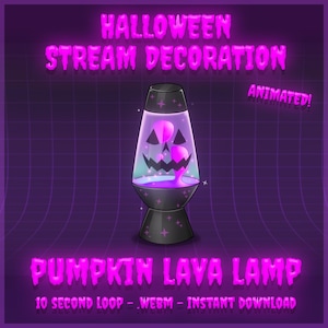 May include: Animated Halloween stream decoration featuring a purple and blue lava lamp with a pumpkin face. The text "PUMPKIN LAVA LAMP" is in pink letters with a black outline. The text "10 SECOND LOOP - WEBM - INSTANT DOWNLOAD" is below the lamp.