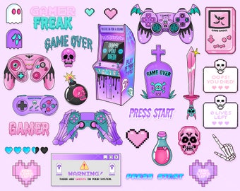 Pastel Goth Gamer Clipart - Gaming printable stickers - Spooky Gamer Digital sticker pack