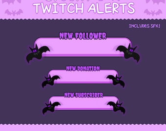 May include: Animated Twitch alerts featuring a purple and black bat design. The alerts include "New Follower", "New Donation", and "New Subscriber".