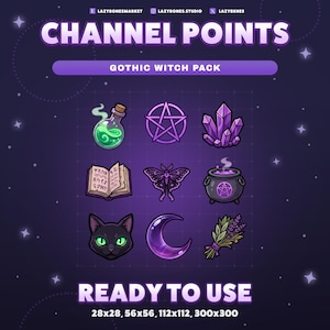 Gothic Witch Twitch Channel Points Pack | 9 Witch Emotes | Channel Point Rewards | Twitch Emotes | Discord Emoji