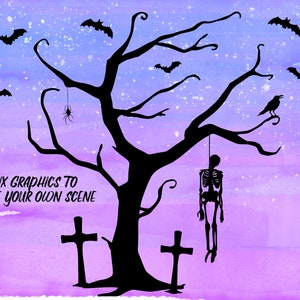 May include: A spooky Halloween scene with a bare tree, a hanging skeleton, two crosses, a crow, and bats against a purple and blue watercolor background.