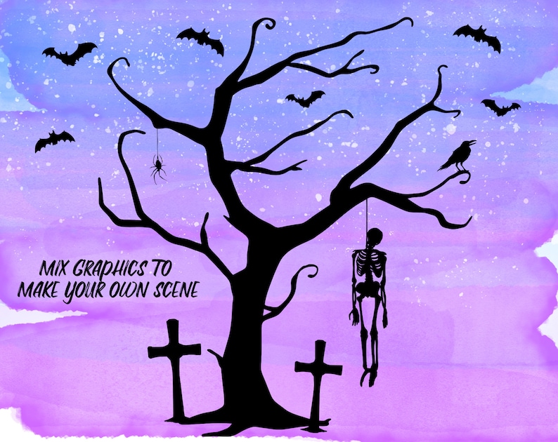 May include: A spooky Halloween scene with a bare tree, a hanging skeleton, two crosses, a crow, and bats against a purple and blue watercolor background.