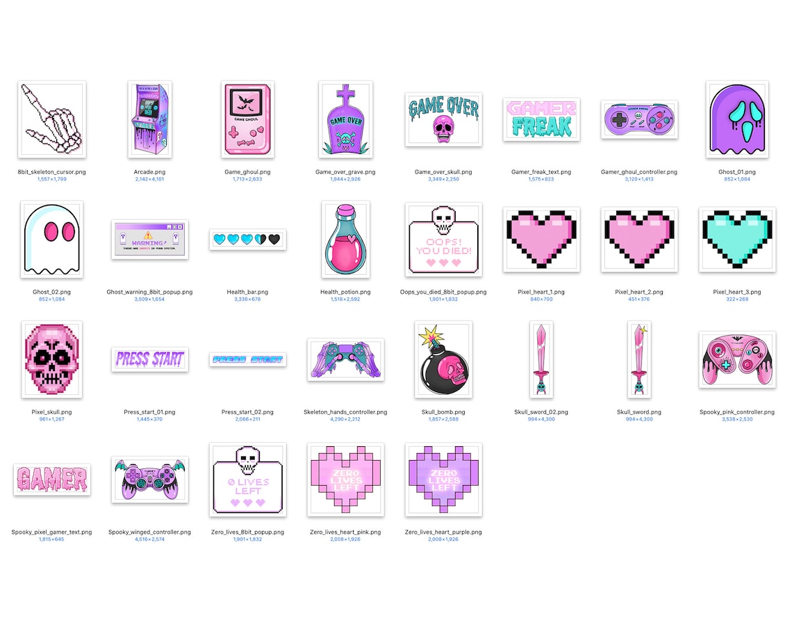 Pastel goth gamer clipart stickers featuring spooky gaming characters in pink purple tones
