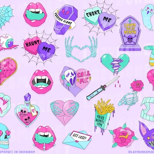 May include: A collection of colorful, cartoonish illustrations with a spooky theme. Includes hearts, lips, fangs, a skull, a tombstone, and a voodoo doll. Some images have text like "HAUNT ME", "FOREVER ALONE", and "GET LOST!"