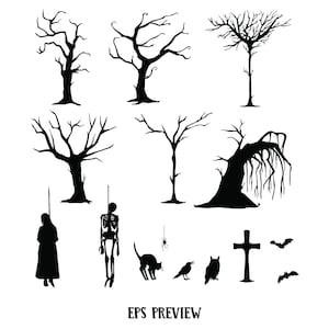 May include: Black and white silhouette illustration of a spooky Halloween scene with bare trees, a hanging skeleton, a crow, an owl, a cat, a spider, a tombstone, and bats.