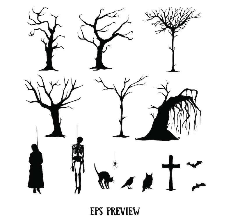 May include: Black and white silhouette illustration of a spooky Halloween scene with bare trees, a hanging skeleton, a crow, an owl, a cat, a spider, a tombstone, and bats.