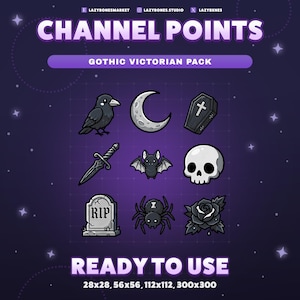 May include: A purple graphic with the text "CHANNEL POINTS" and "GOTHIC VICTORIAN PACK." The image features gothic-themed icons: a raven, crescent moon, coffin, dagger, bat, skull, tombstone, spider, and rose. Text at the bottom reads "READY TO USE" with size dimensions.