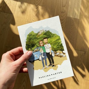 Convites de casamento exclusivos, desenhados à mão, com uma ilustração de retrato personalizada, com tema Itália/Toscana. Conjunto de convites de casamento criativo e divertido.