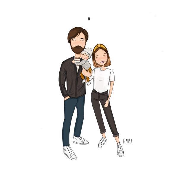 Family Portrait (3 people + pets), Bespoke Illustration, Custom Portrait, Modern Portrait, Best Anniversary Gift, Creative Gift