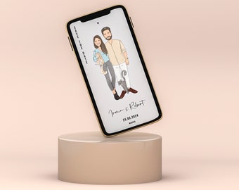 Puede incluir: Un smartphone muestra una ilustración personalizada de una pareja con dos gatos. La imagen incluye el texto "Save the Date" y los nombres "Irma & Robert" con la fecha "25.05.2024" y la ciudad "Madrid". El teléfono está sobre un pedestal beige.