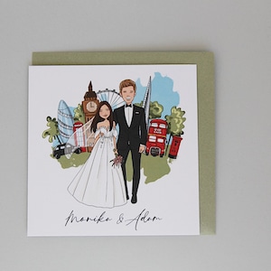 Personalised wedding invitation, illustrated wedding, couple portrait, wedding portrait, illustrated portrait, London Background.