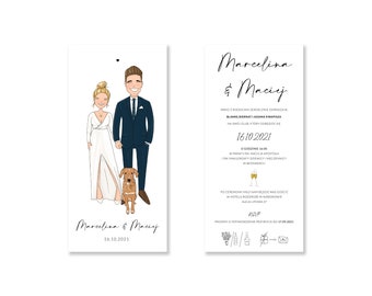 Quirky, personalised, wedding invitations with custom portrait. Creative wedding invitations