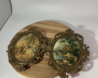 1950s Florentine Art Set of 2 in Brass Frame 6.5” x 5” Made in Italy (J)
