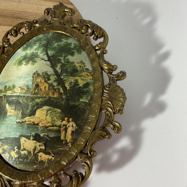 1950s Florentine Art Set of 2 in Brass Frame 6.5” X 5” Made in Italy (J ...