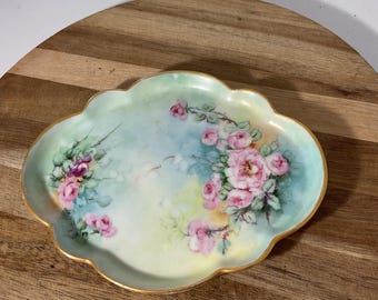 GDA Limoges France Trinket Dish 5.5” x 4.5” Hand Painted Florals (BB)