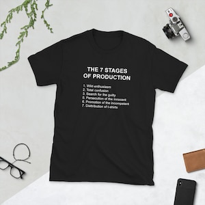 Puede incluir: Camiseta negra con texto blanco que dice "THE 7 STAGES OF PRODUCTION" y enumera las etapas: "Wild enthusiasm", "Total confusion", "Search for the guilty", "Persecution of the innocent", "Promotion of the incompetent", y "Distribution of t-shirts".