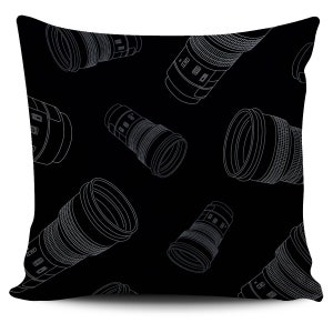 May include: Black and white pillow with a repeating pattern of camera lens outlines.