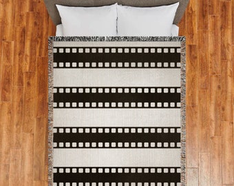Rollo de película Manta tejida blanco, Manta de película, Manta de cineasta, Manta en blanco y negro, Regalo para cineasta, Cinta de película, Fanático del cineasta