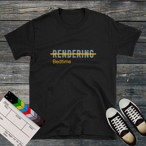 May include: Black t-shirt with the text "RENDERING" crossed out with a yellow line and the text "Bedtime" below it. The t-shirt is on a wooden surface with a clapperboard and two white sneakers.