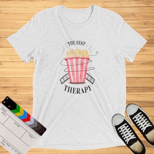 Gift for Movie Lover, Film Fan, Filmmaker - The Best Therapy | T-Shirt - Pop Corn Vintage Design, Movie Goer T-Shirt, Filmmaking Gifts