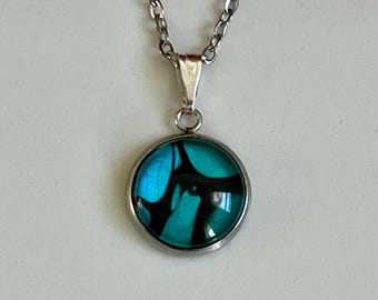 Blauwe acryl gietketting, ronde hanger sieraden, abstracte kunst ketting, roestvrijstalen ketting
