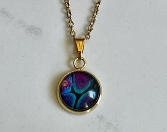 Paarse en blauwe acryl gietketting, abstracte kunstsieraden, verguld roestvrij staal