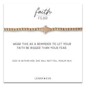 Pulsera de cruz de oro / Pulsera con cuentas de oro / Fe sobre el miedo / Pulsera de apilamiento elástica / Joyería cristiana / Regalo de bautismo