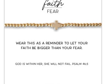 Gold Cross Bracelet | Gold beaded bracelet | Faith Over Fear | Stretchy Stacking Bracelet | Christian Jewelry | Baptism Gift