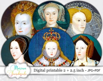 Digital collage sheet circle 2 inch 2.5 inch the Queens Elizabeth I and the Tudor printable images