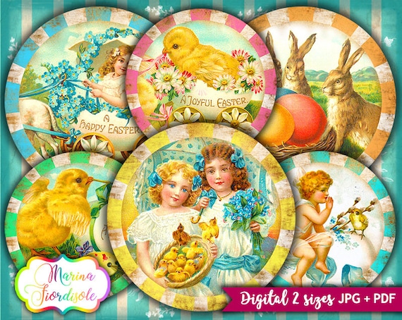 downloadable vintage 2.5 inch Happy Easter images printable digital collage sheet circle 2 inch