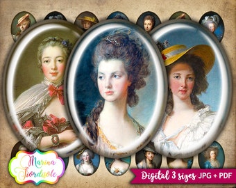 Download immediato Foglio di collage digitale Vintage Ladies 18th Century 40x30mm ovale 30x22mm 25x18mm