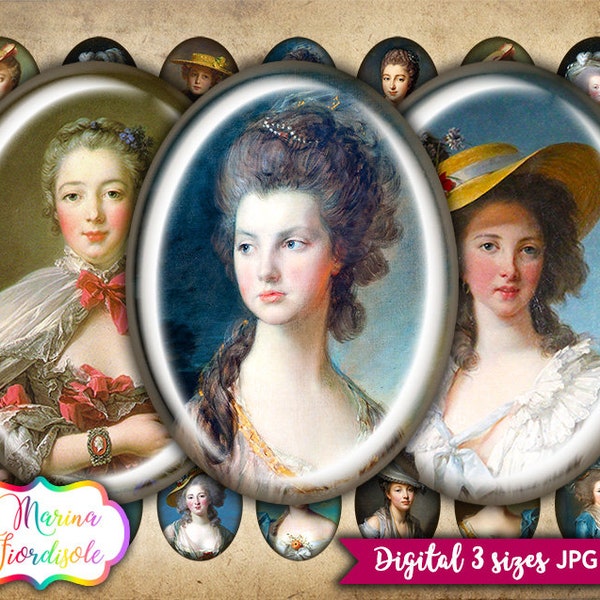 Download immediato Foglio di collage digitale Vintage Ladies 18th Century 40x30mm ovale 30x22mm 25x18mm